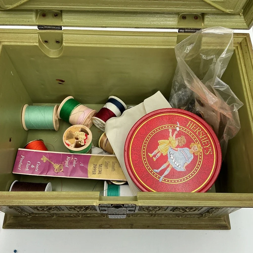 Vintage 60s Max Klein Avocado Green Green Plastic Sewing Box Faux Wood + STUFF!